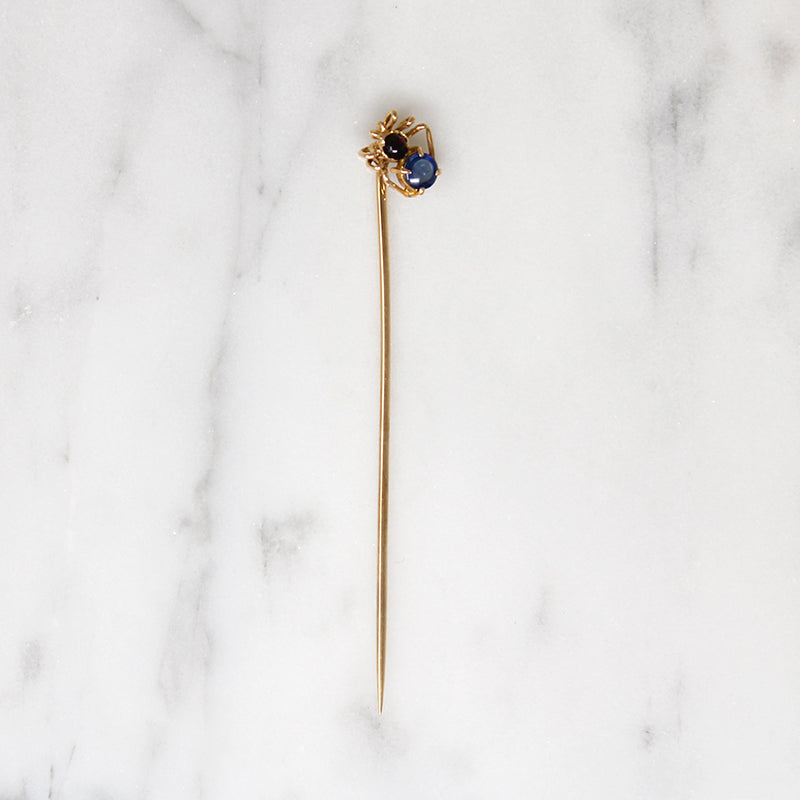 Adorable Wee Spider Stick Pin with Garnet & Sapphire