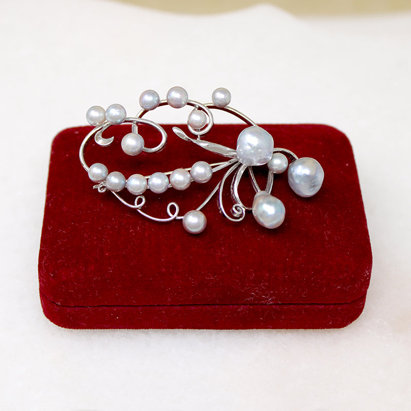 Ethereal Silver & Gray Pearl Brooch by Meijis