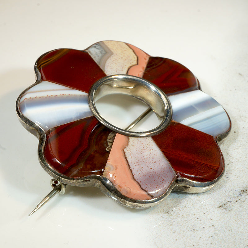 Vibrant Agate & Jasper Scottish Pebble Flower Brooch 