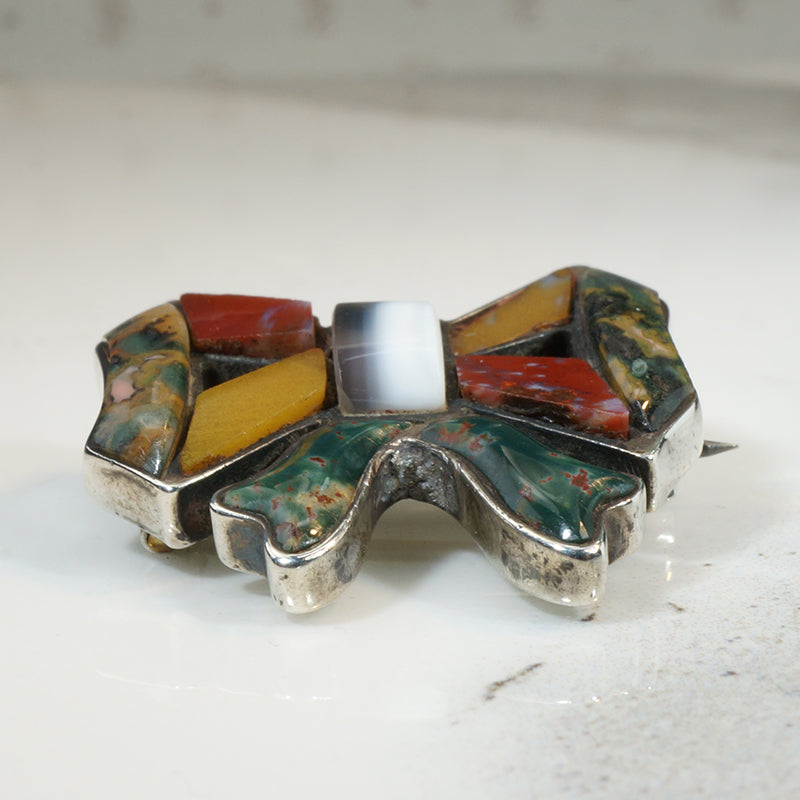 Sassy Little Parti-Colored Scottish Pebble Bow Brooch