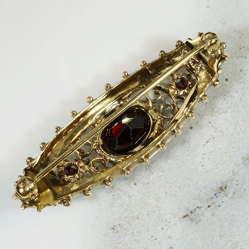Ornate Victorian Revival Garnet & Gold Brooch