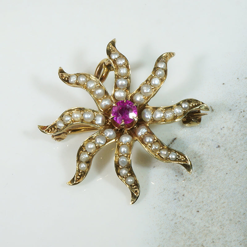 Radiant Ruby & Pearl Star Brooch