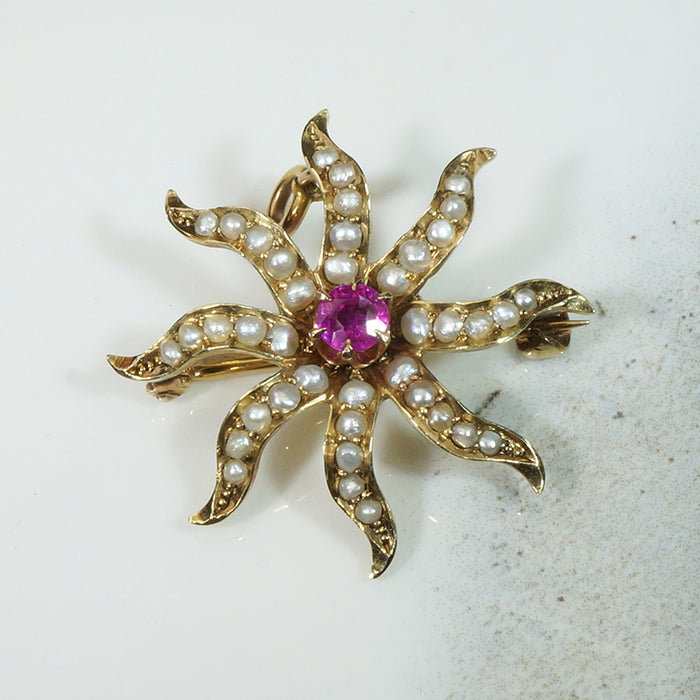 Radiant Ruby & Pearl Star Brooch