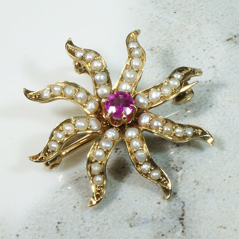 Radiant Ruby & Pearl Star Brooch
