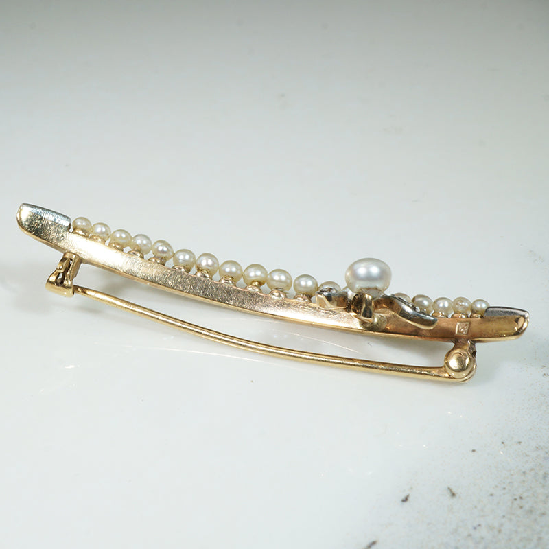 Crescent Moon Brooch with Pearl & Diamond Sprig