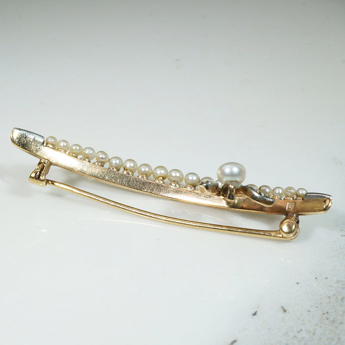 Crescent Moon Brooch with Pearl & Diamond Sprig
