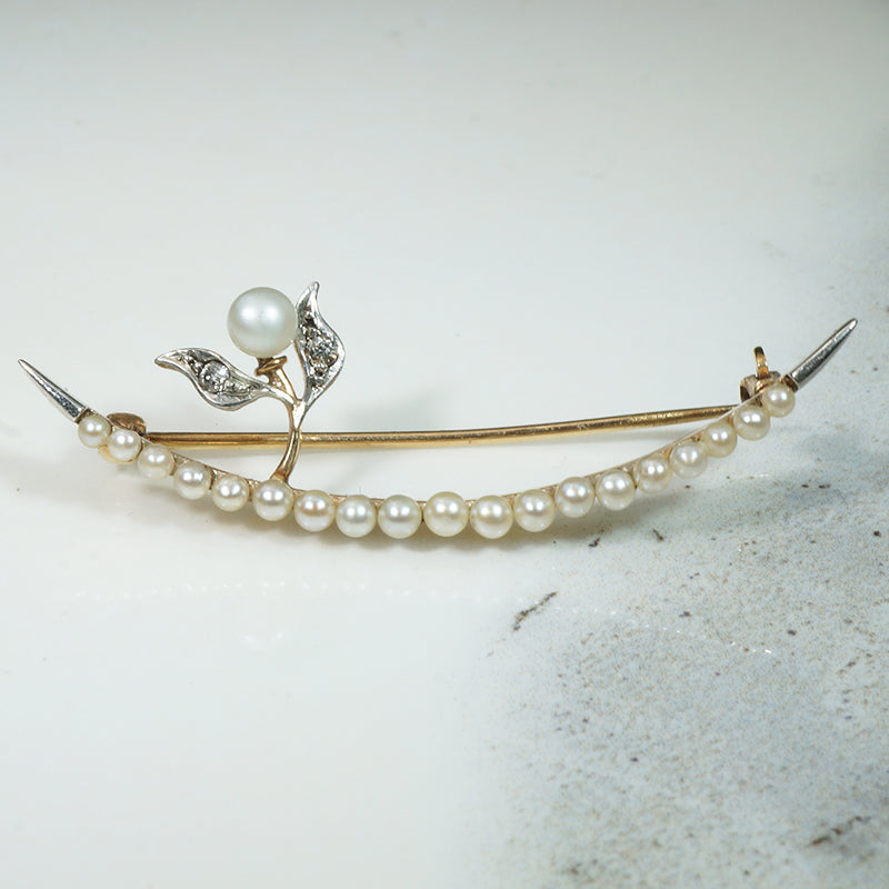 Crescent Moon Brooch with Pearl & Diamond Sprig