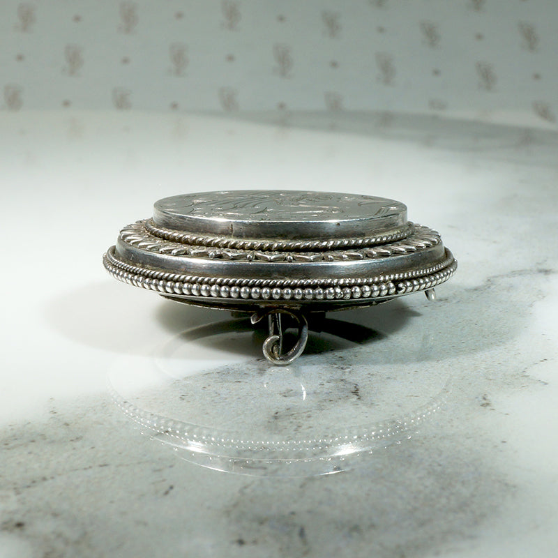 Grand Period Sterling Locket Brooch with Engraved Crane
