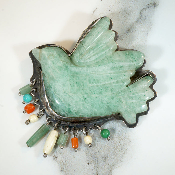 Large Carved Jade Dove Brooch with Bead Fringe