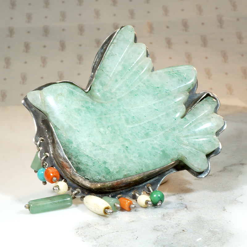 Large Carved Jade Dove Brooch with Bead Fringe