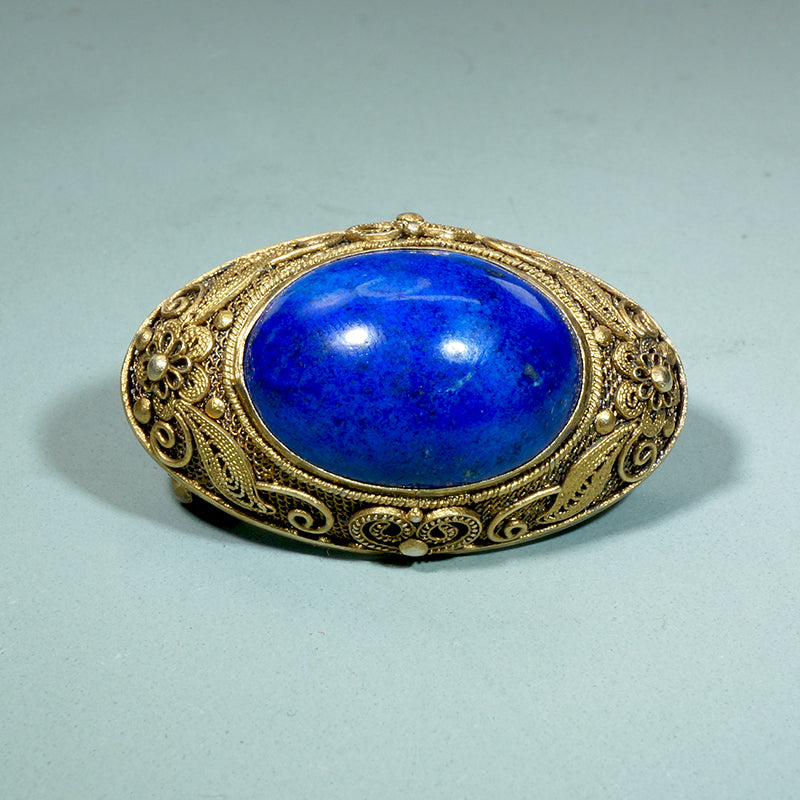 Opulent Chinese Lapis & Silver Gilt Filigree Brooch