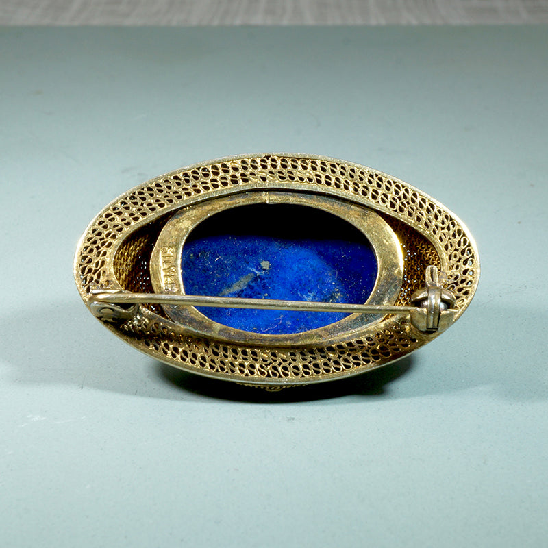 Opulent Chinese Lapis & Silver Gilt Filigree Brooch