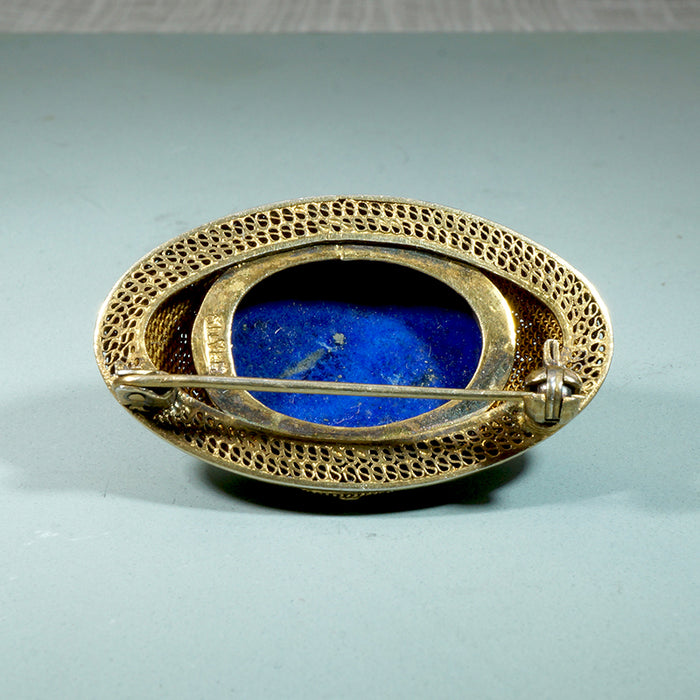 Opulent Chinese Lapis & Silver Gilt Filigree Brooch