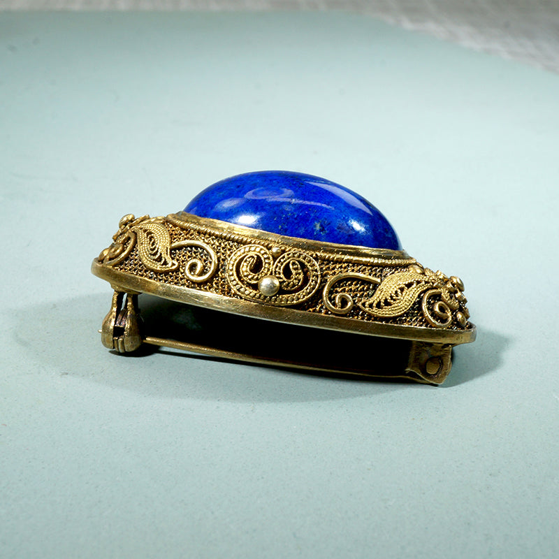 Opulent Chinese Lapis & Silver Gilt Filigree Brooch