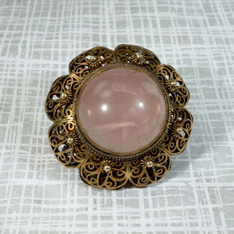 Dreamy Rose Quartz in Chinese Silver Gilt Brooch