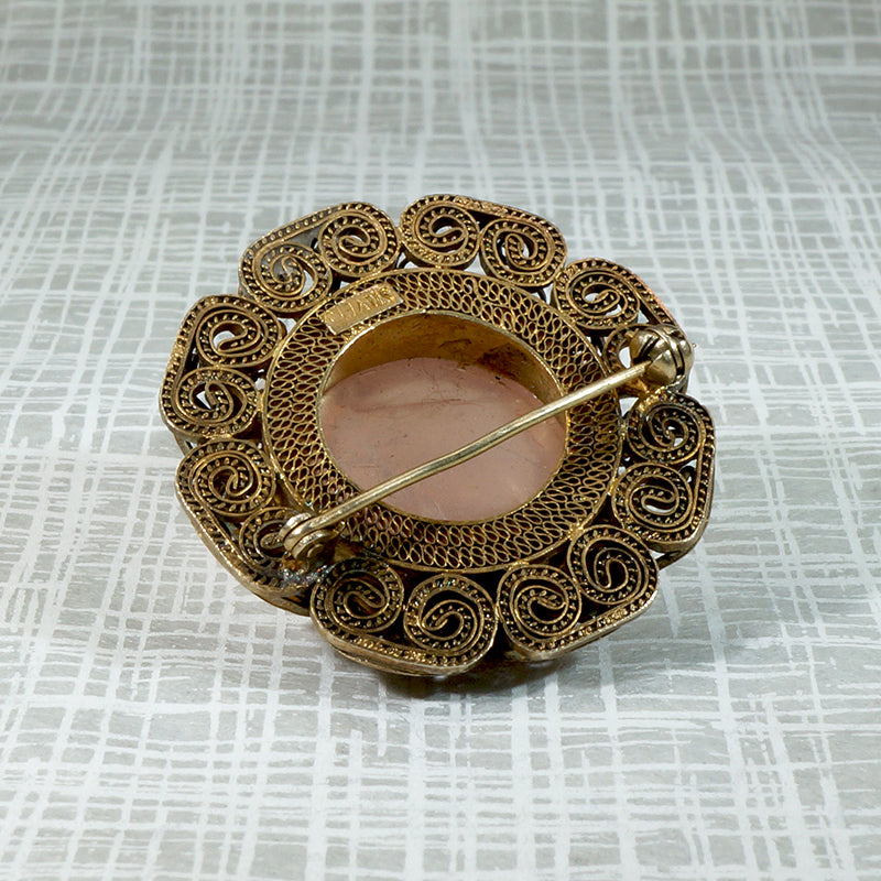 Dreamy Rose Quartz in Chinese Silver Gilt Brooch