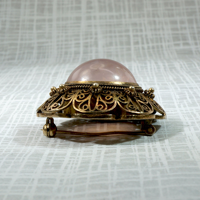 Dreamy Rose Quartz in Chinese Silver Gilt Brooch