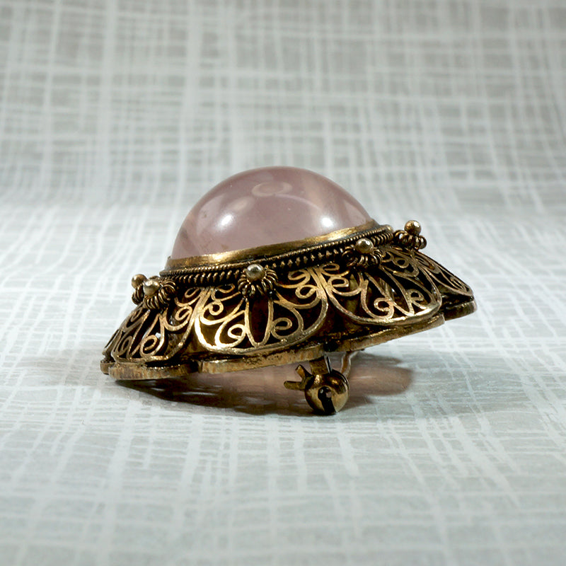 Dreamy Rose Quartz in Chinese Silver Gilt Brooch