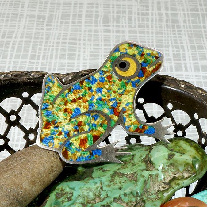 Colorful Enamel & Sterling Silver Frog Brooch