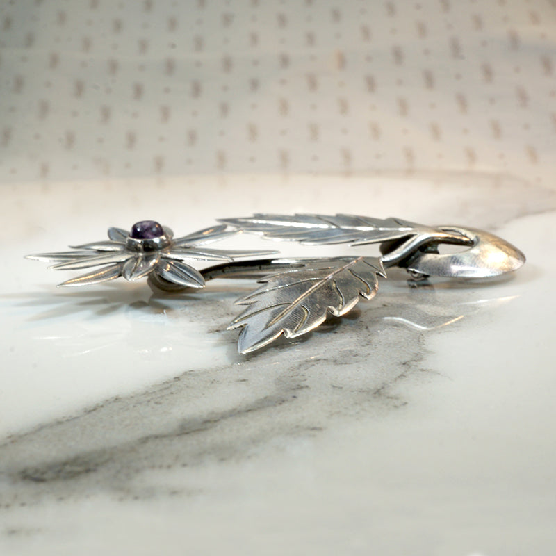 Mexican Silver & Amethyst Flower Brooch