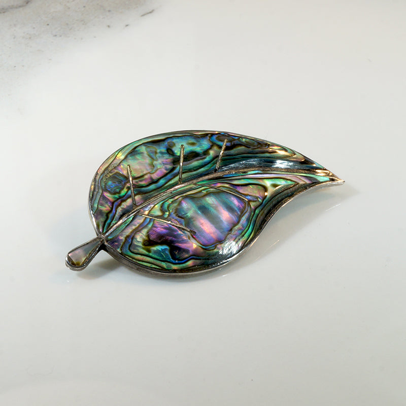 Mexican Sterling & Abalone Inlay Leaf Brooch 