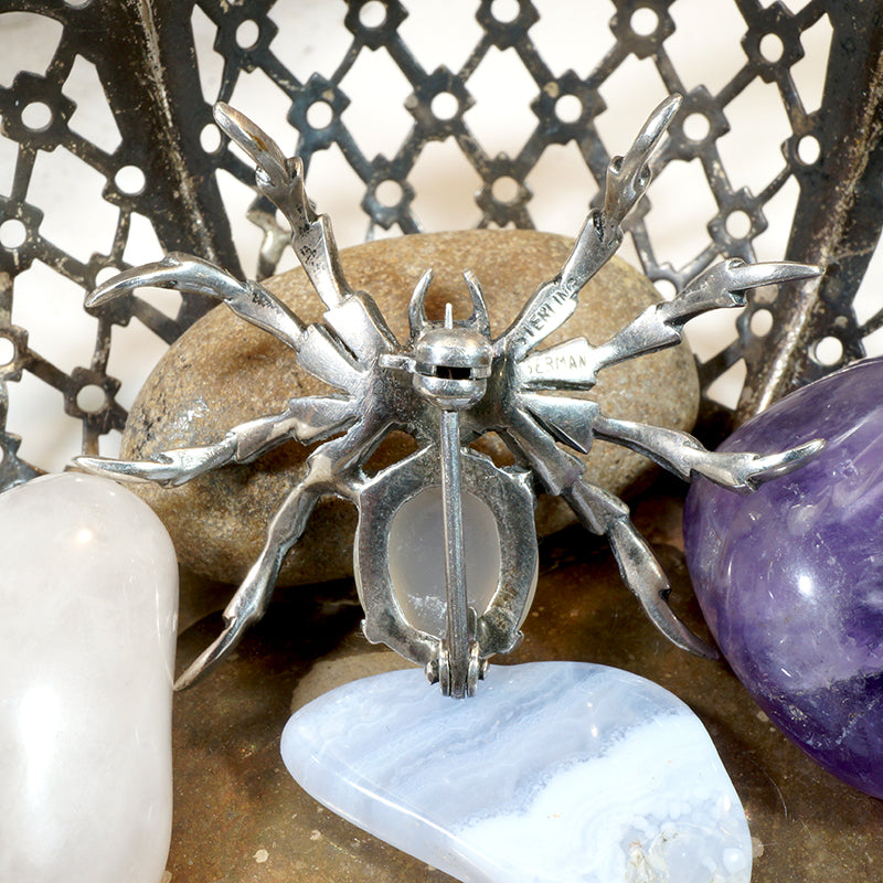 German Spider Brooch in Moonstone, Marcasite & Sterling