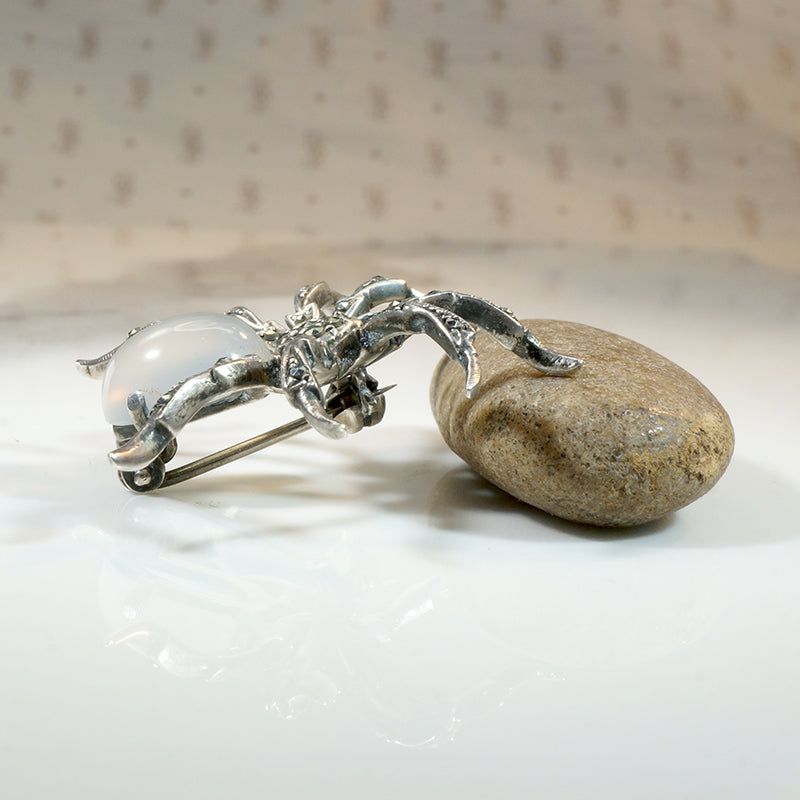 German Spider Brooch in Moonstone, Marcasite & Sterling