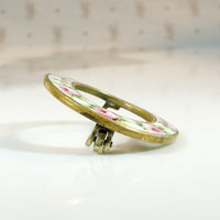 Pink & Green Rose Enameled Circle Brooch