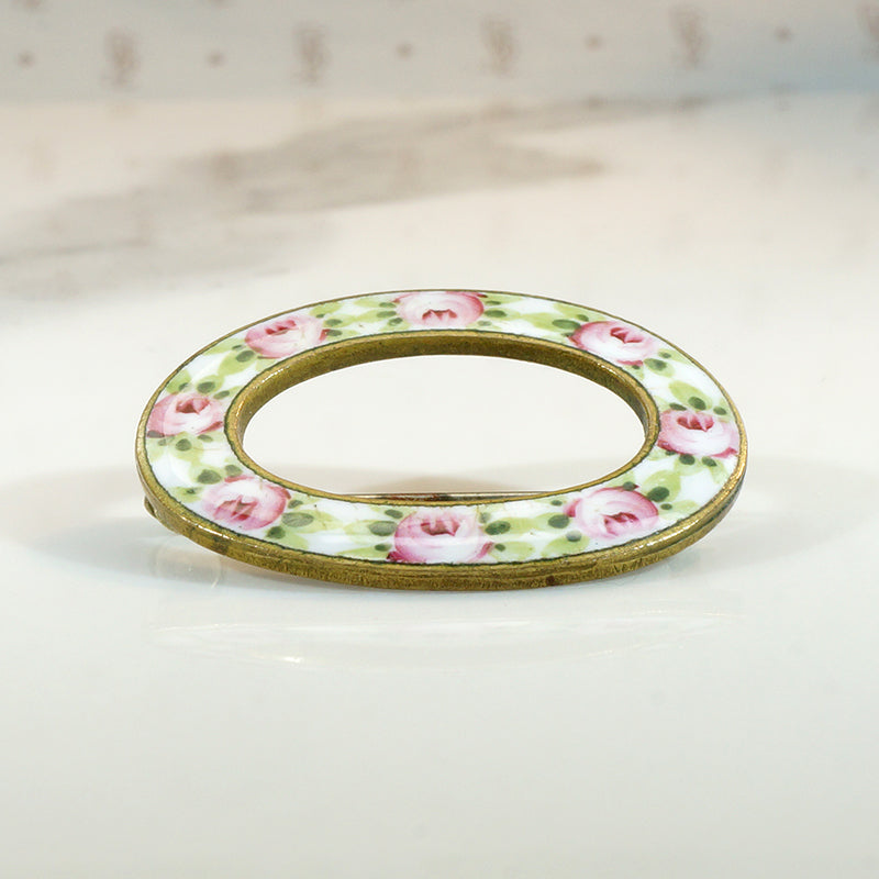 Pink & Green Rose Enameled Circle Brooch