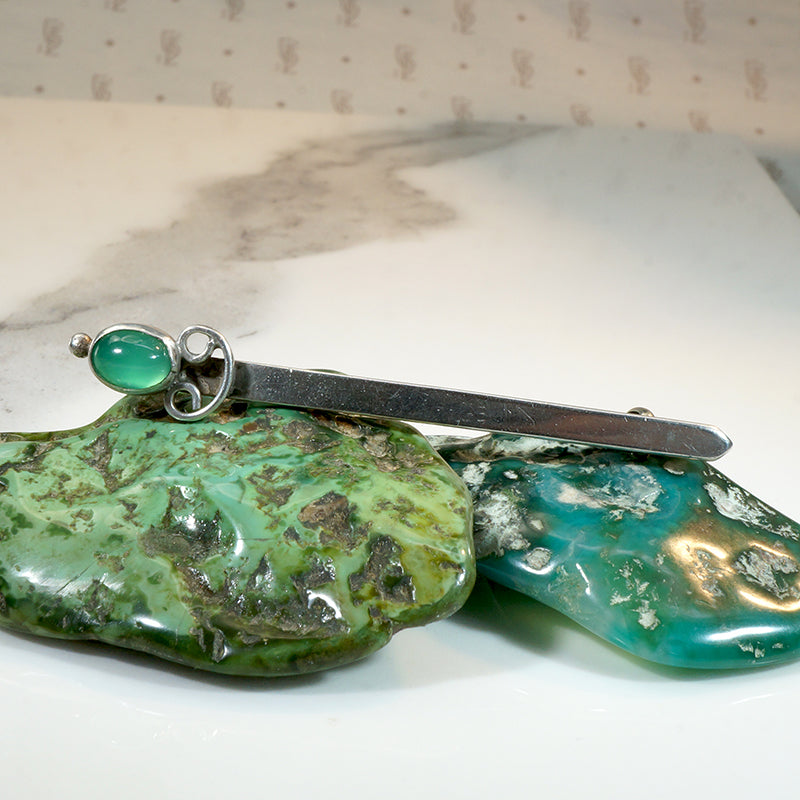 Rakish Sterling Sword Brooch with Chrysoprase Hilt