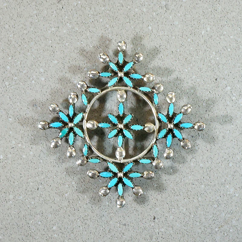 Needlepoint Turquoise in Sterling Silver Zuni Brooch