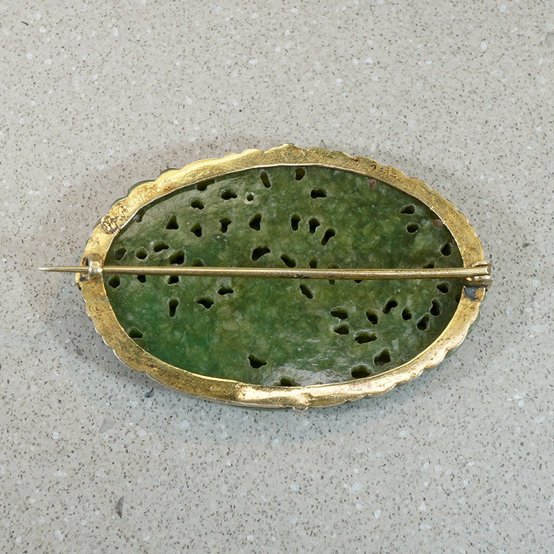 Luxuriant Greenery Carved Jade & Silver Gilt Brooch