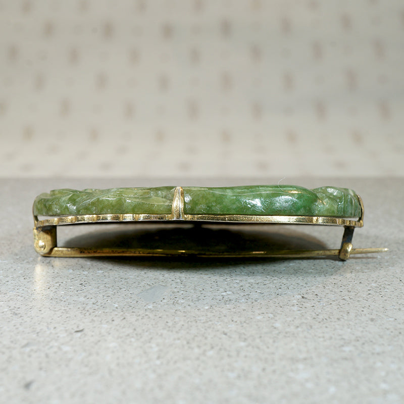 Luxuriant Greenery Carved Jade & Silver Gilt Brooch