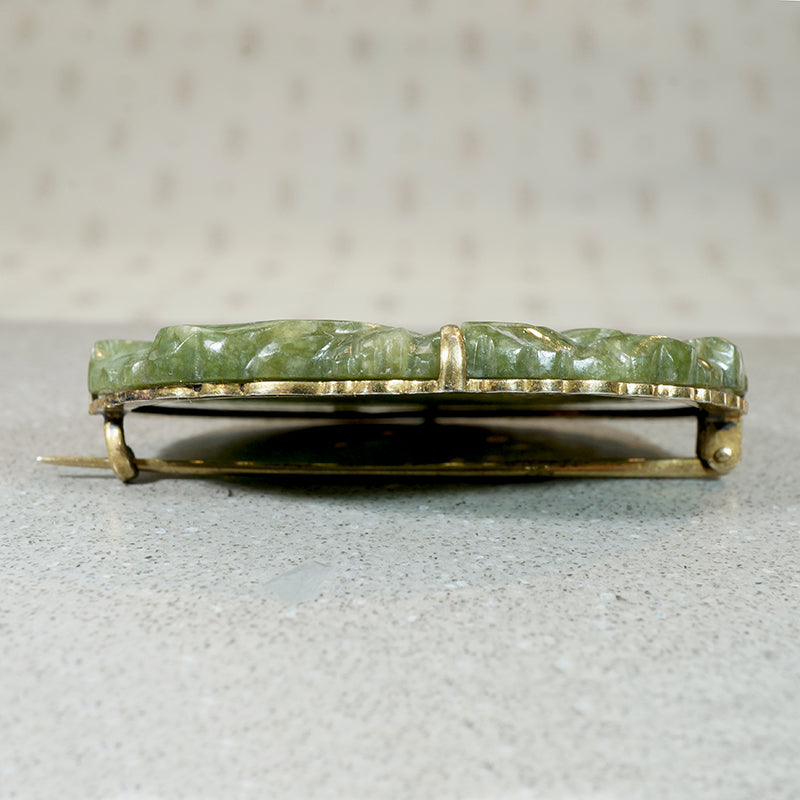 Luxuriant Greenery Carved Jade & Silver Gilt Brooch