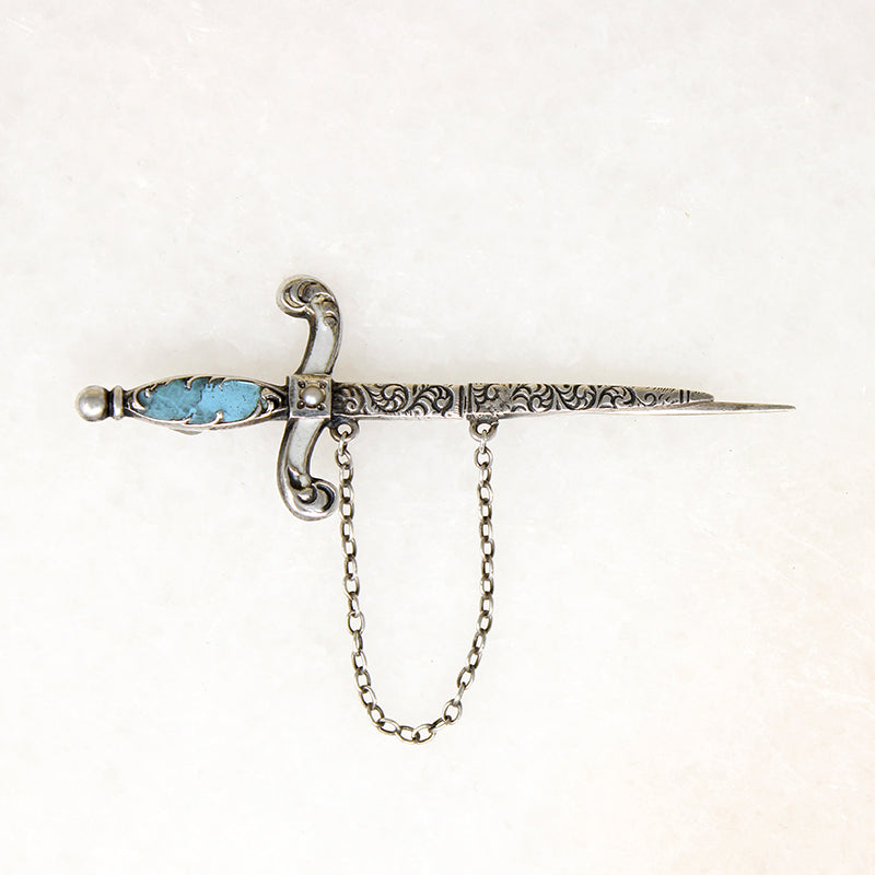 Rakish Enameled Silver Sword Jabot Pin