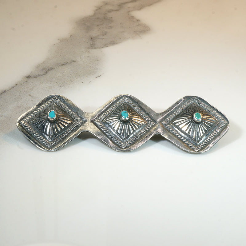 Three Conchos Coin Silver & Turquoise Brooch