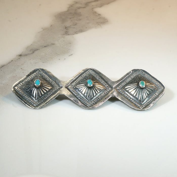 Three Conchos Coin Silver & Turquoise Brooch