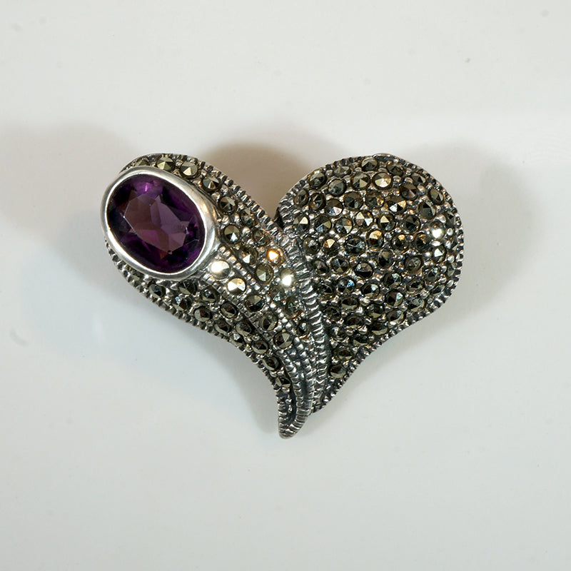 Vivacious Sterling Heart Brooch with Marcasite & Amethyst