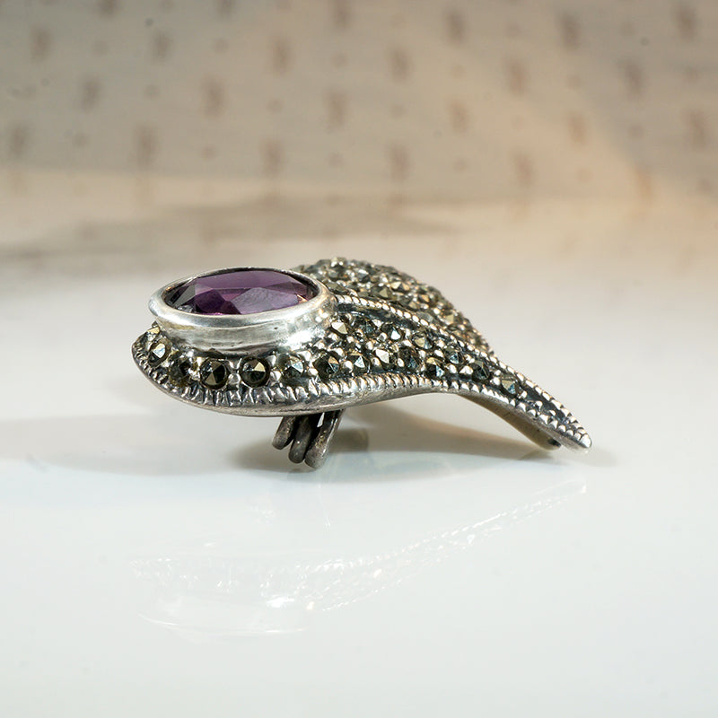 Vivacious Sterling Heart Brooch with Marcasite & Amethyst