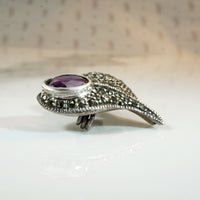 Vivacious Sterling Heart Brooch with Marcasite & Amethyst