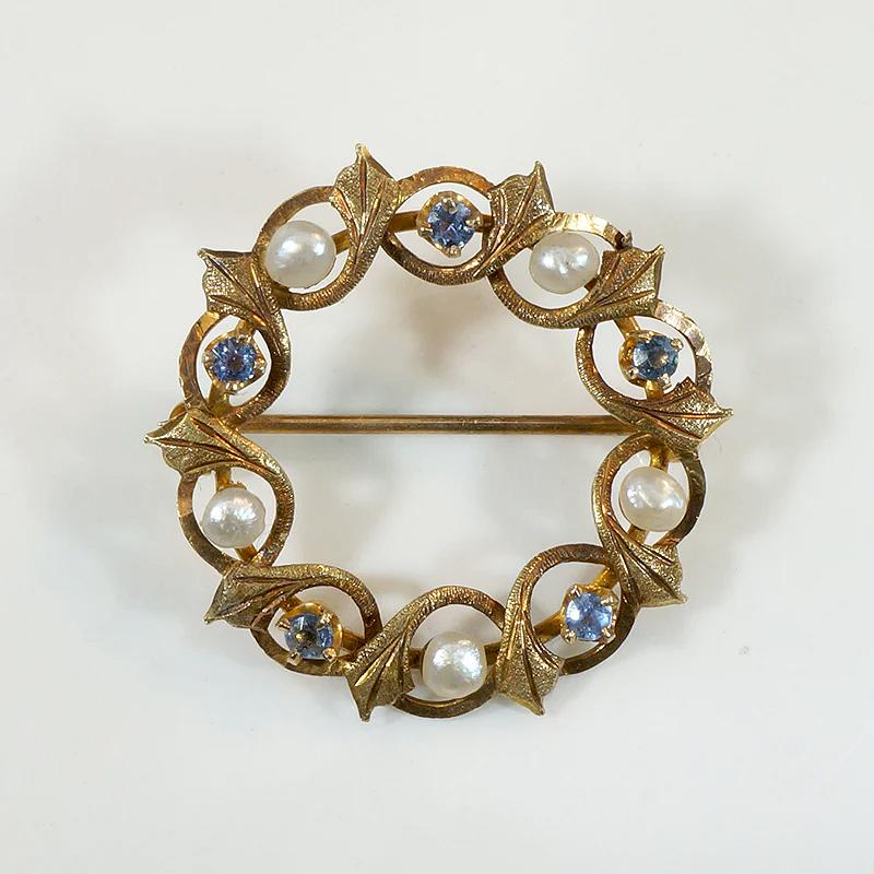 Romantic Medieval Revival Sapphire & Pearl Circle Brooch