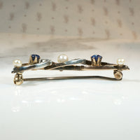 Sapphire & Pearl Spiral Crescent Moon Brooch