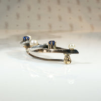 Sapphire & Pearl Spiral Crescent Moon Brooch