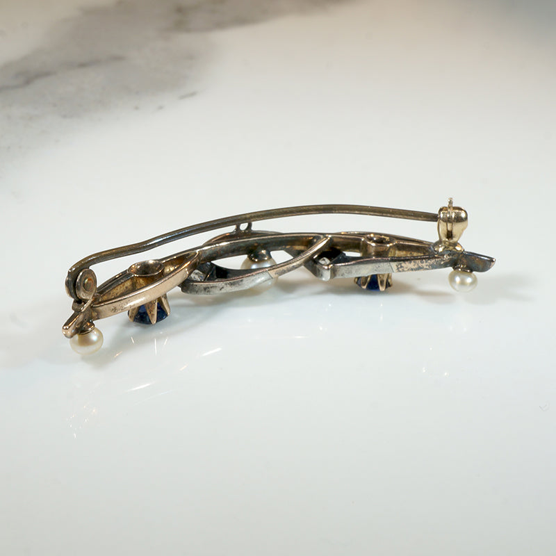 Sapphire & Pearl Spiral Crescent Moon Brooch