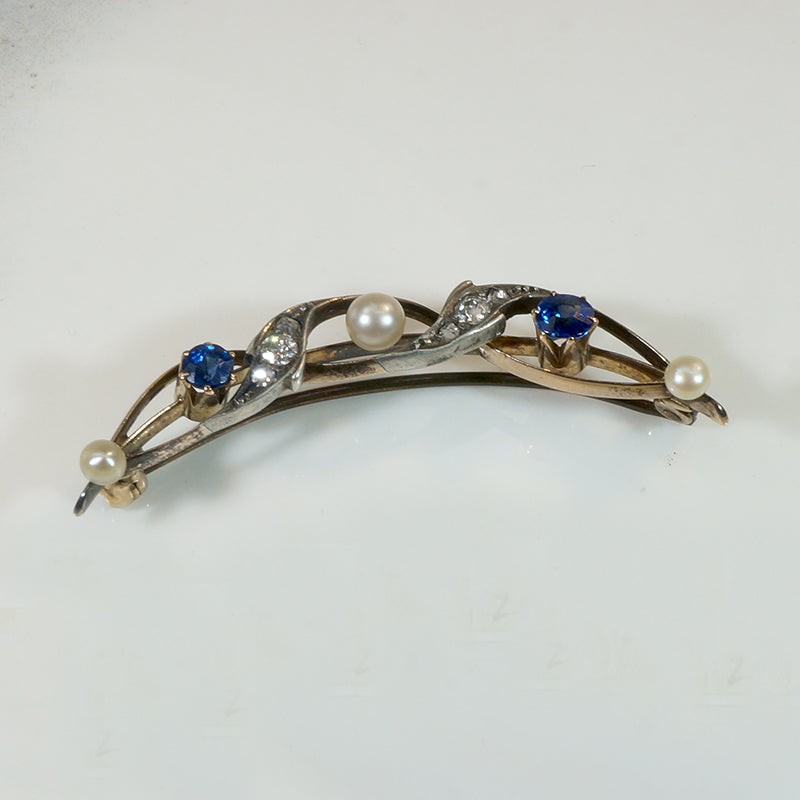 Sapphire & Pearl Spiral Crescent Moon Brooch