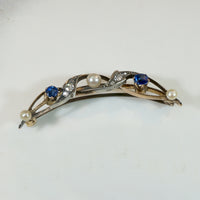 Sapphire & Pearl Spiral Crescent Moon Brooch