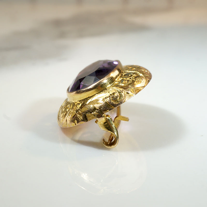 Decadent Amethyst in Engraved Gold Brooch