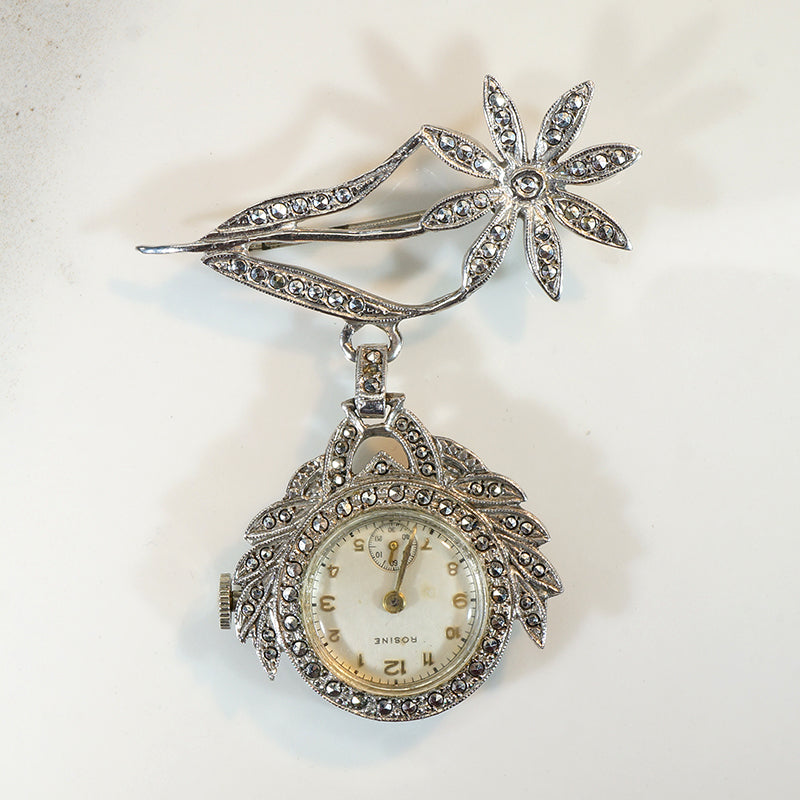 Sterling & Marcasite Flower Watch Brooch