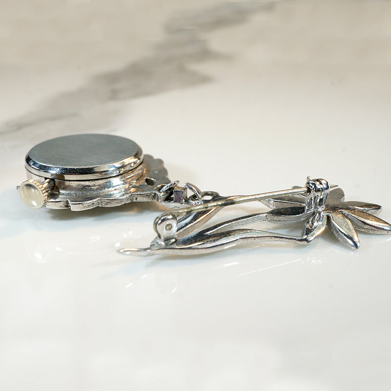 Sterling & Marcasite Flower Watch Brooch