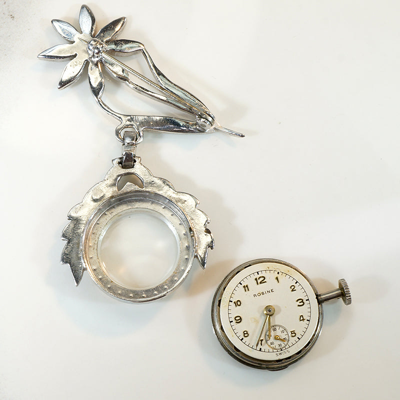 Sterling & Marcasite Flower Watch Brooch